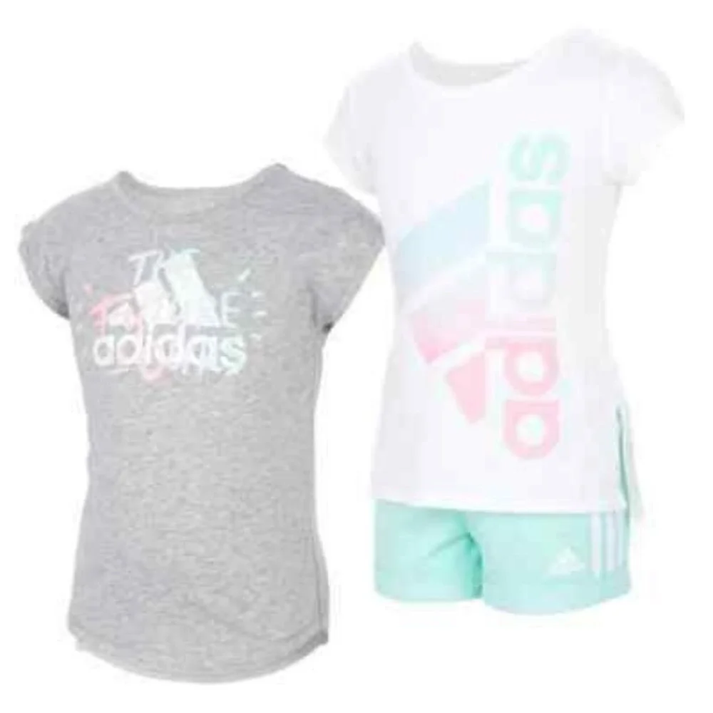 Girl's Adidas 3 Piece Set Tee Shirts and Shorts Green White Grey Size 5